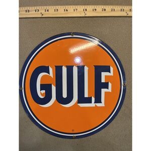Vintage 12in Gulf Oil Metal Sign Gas Station Advertising Decor Circular